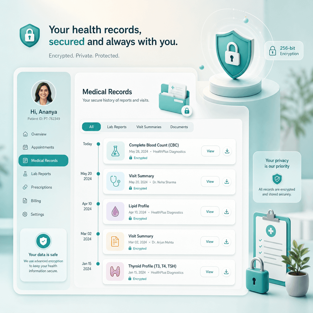 Secure patient report history with encrypted records